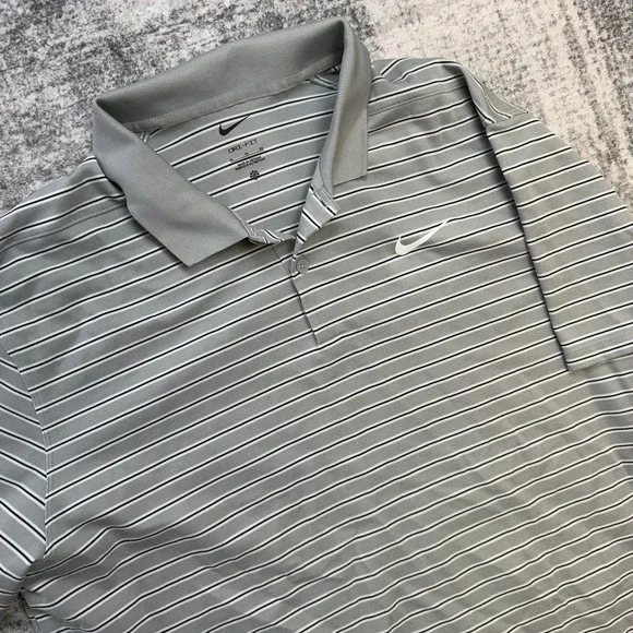Nike Golf Polo Shirt Mens XL Gray Victory Striped Dir Fit Performance Travel - Picture 1 of 9